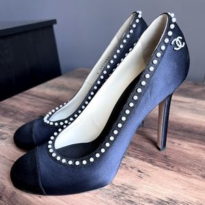 CHANEL Navy Blue and Black Pump Heel with Pearl Detailing and Pearl Chanel Logo